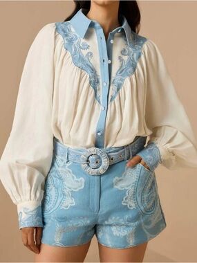 HEMANT & NANDITA Cream and Light Blue Embroidered Blouse